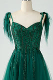 Dark Green A Line Spaghetti Straps Long Prom Dress with Beading