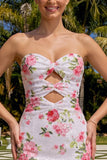 Floral White Strapless Cut Out Bodycon Homecoming Dress