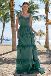 Eucalyptus A Line Bow Tie Straps Corset Tiered Long Bridesmaid Dress with Slit