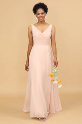 A Line V Neck Backless Chiffon Long Bridesmaid Dress