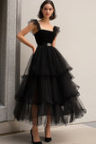 Black A Line Tulle Spaghetti Straps Ruffled Prom Dress