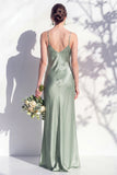 Satin Spaghetti Straps Sheath Sage Bridesmaid Dress