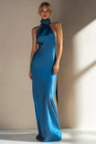 Ink Blue Halter Mermaid Satin Formal Dress with Slit