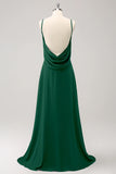 Dark Green A Line Backless Long Bridesmaid Dress with Sleeveless
