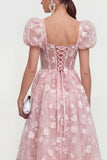 Floral Pink Puff Sleeve A Line Corset Wedding Guest Dress