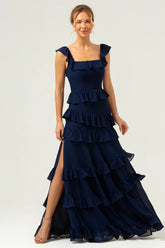 Dark Navy A Line Square Neck Tiered Long Bridesmaid Dress