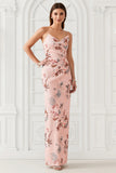 Blush Flower Sheath Strapless Print Satin Long Wedding Guest Dress with Back Slit