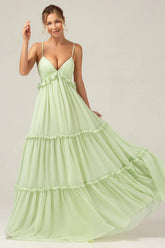A Line Spaghetti Straps Backless Long Green Bridesmaid Dress With Ruffles