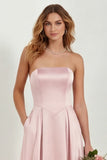 Blush Strapless A Line Satin Long Bridesmaid Dress with Pockets
