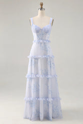 Blue Flower A Line Printed Long Bridesmaid Dress with Lace Up Back
