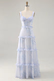 Blue Flower A Line Printed Long Bridesmaid Dress with Lace Up Back