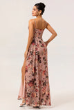 Dusty Rose Flower Fitted Corset Ruched Streamer Chiffon Long Bridesmaid Dress with Slit