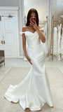 Chic Satin Mermaid Off Shoulder Ruched With Train Beach Wedding Dress