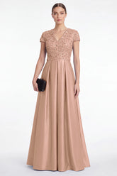 Champagne Sequin A Line V Neck Mother of the Bride Dress with Short Sleeevs