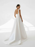 Simple A Line Square Neck White Satin Wedding Dresses