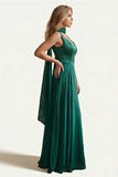 Dark Green Satin A Line Long Bridesmaid Dress with Streamer