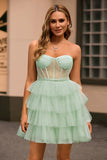 Light Green A Line Strapless Corset Tiered Tulle Short Homecoming Dress