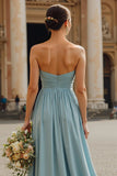 Sweetheart A Line Dusty Blue Pleated Long Bridesmaid Dress