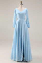 Sky Blue A Line V Neck Chiffon Long Sleeve Bridesmaid Dress