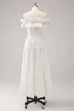 Cute White A Line White Off The Shoulder Tea Length Dress with Ruffles