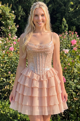 Champagne A Line Sequin Tiered Ruffle Short Homecoming Dress