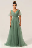 Eucalyptus A Line V Neck Open Back Floor Length Tulle Bridesmaid Dress