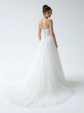 Charming A Line Strapless Tulle Lace Wedding Dresses