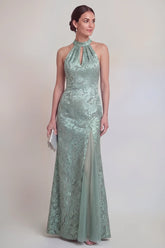Halter Jacquard Mermaid Sage Green Mother of the Bride Dress