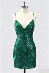 Sequin Bodycon Spaghetti Straps Dark Green Homecoming Dress
