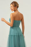 Eucalyptus A Line Strapless Corset Tulle Long Bridesmaid Dress