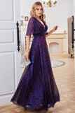 Sparkly A Line V Neck Purple Party Dress with Short Sleeves