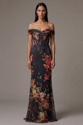 Black Floral Off the Shoulder Cut Out Mermaid Formal Dress