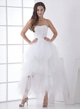White Classic Strapless Satin High Low Wedding Dress