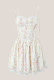 White Warm Rose Print Cotton Lace Trim Mini Dress