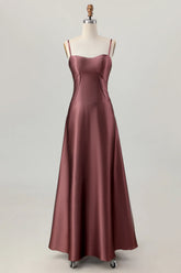 Coffee A Line Spaghetti Straps Long Bridesmaid Dress with Lace Up Back
