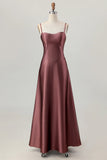 Coffee A Line Spaghetti Straps Long Bridesmaid Dress with Lace Up Back