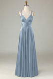 Eucalyptus A Line Spaghetti Straps Floor Length Satin Bridesmaid Dress