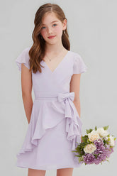 Purple Chiffon A Line Short Junior Bridesmaid Dress with Bow