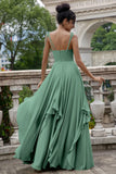 A Line Spaghetti Straps Chiffon Long Eucalyptus Bridesmaid Dress with Ruffles