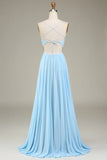 Sky Blue A Line Spaghetti Straps Chiffon Long Bridesmaid Dress