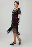 Flapper Burgundy Sequin Bodycon Fringed 1920s Dress