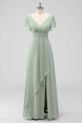 Sage Green A Line V Neck Chiffon Long Bridesmaid Dress with Slit