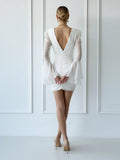 Sheath V Neck Long Sleeves Short Mini Tulle Little White Wedding Dresses