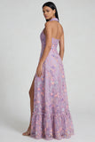 Lilac Floral Embroidered A Line Maxi Wedding Guest Dress with Slit