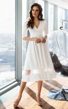 Modern Satin V neck A Line Tea length Wedding Dress