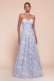 CASSIE GOWN BLUE STRAPLESS A LINE FLORAL CHIFFON DRESS