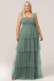 Eucalyptus A Line Spaghetti Straps Floor Length Tulle Bridesmaid Dress