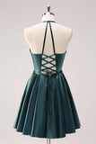 Peacock Blue A Line Halter Short Homecoming Dress with Lace Up Back