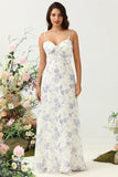 White Purple Flower A Line Spaghetti Straps Chiffon Long Bridesmaid Dress