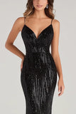Black Mermaid Spaghetti Straps Long Formal Dress with Sequins